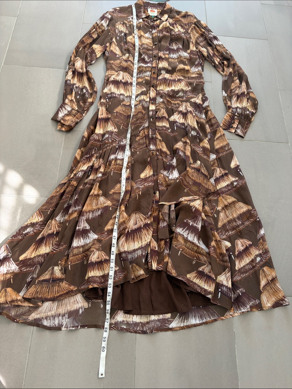 FARM Rio Malocas Brown & Tan Botanical-Print Long-Sleeve Maxi Dress nwot - Picture 9 of 17
